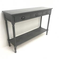 21st century painted console table, three drawers, turned supports joined by solid tier, W120cm, H82cm, D35cm