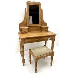 Solid pine dressing table, raised shaped mirror back, two trinket drawers above two long drawers, turned supports (W92cm, H154cm D50cm) with stool (2)