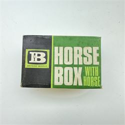 Britains 1:32 scale farm implements, vehicles and figures,  comprising 9563 Hay Baler, 9539 Seed Drill, 9534 Disc Harrow, 9537 Acrobat Rake, 9530 Three Furrow Plough, 9547 Horse Box with Horse, 9576 Farm Land Rover, 2078 male Rider with Horse, 9533 Roller, 9538 Vari-Spreader, 9536 Cultivator, three 1742 Hay Bales, 1740 Milk Churns and 1741 Sacks, all boxed, together with trees, walls, buildings and loose vehicles