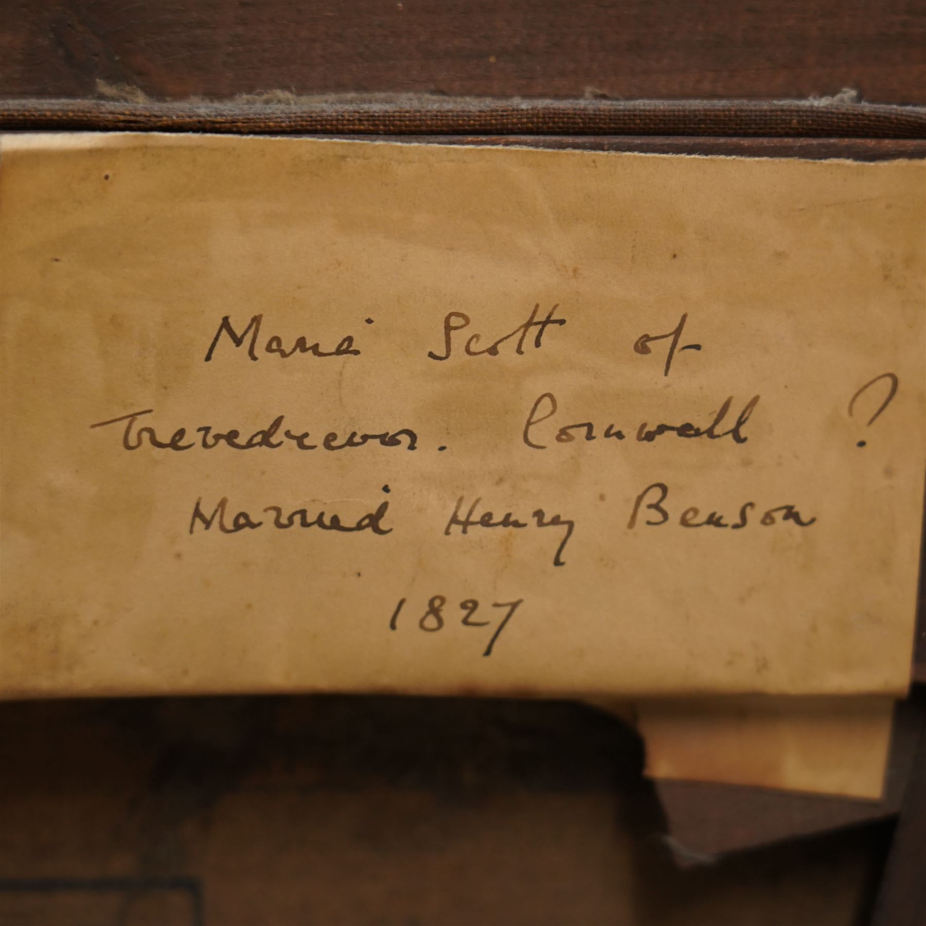 Wyatt Pratt (British early 19th century): 'Portrait of Marie Benson née Scott', Wearing a Black Gown with Lace Bonnet and Collar, oil on canvas unsigned, inscribed and dated 1835 on label verso 75cm x 62cm 
Provenance: bequeathed to Colonel Sackville Hamilton