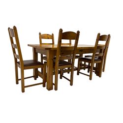 Polished pine dining tale, rectangular top over square chamfered supports (W176cm D85cm H78cm); and set six pine ladder back dining chairs, seats upholstered in brown leatherette (W46cm H107cm)