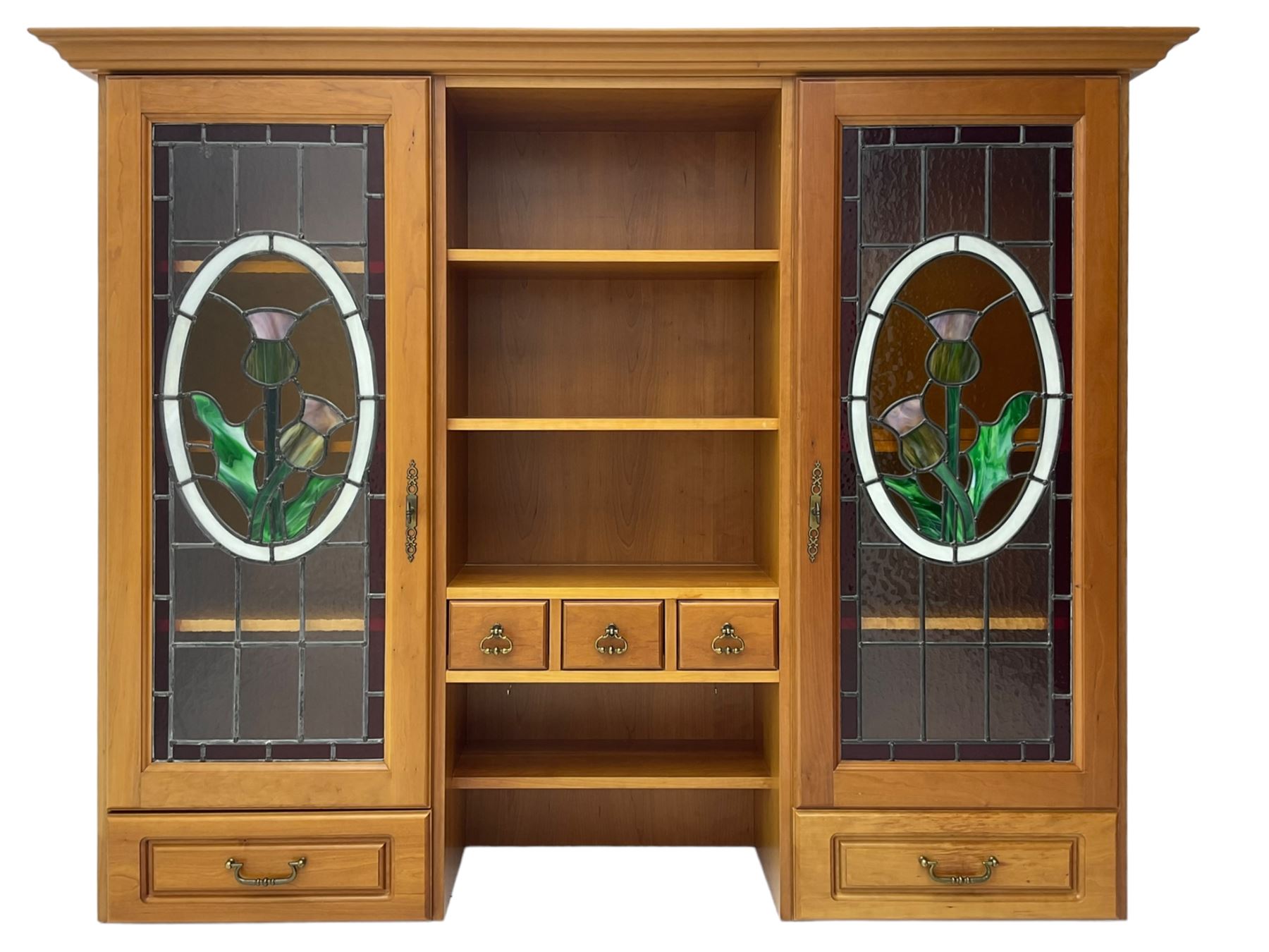 Art Nouveau design cherry wood kitchen wall unit, two leaded glazed doors with stained tulip decoration