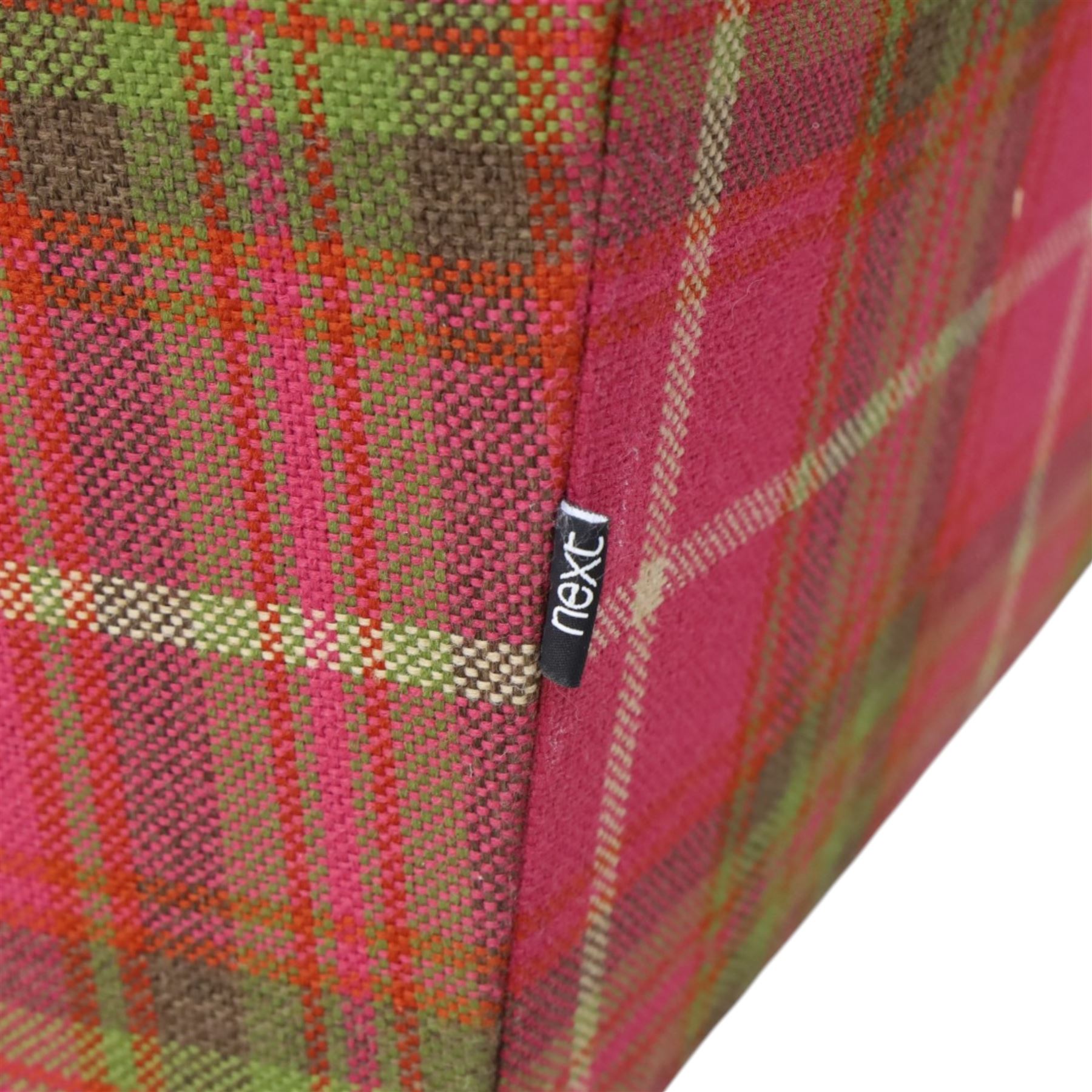 Next Home - Contemporary tartan wingback, studded wings above scrolled arms, light stained turned feet