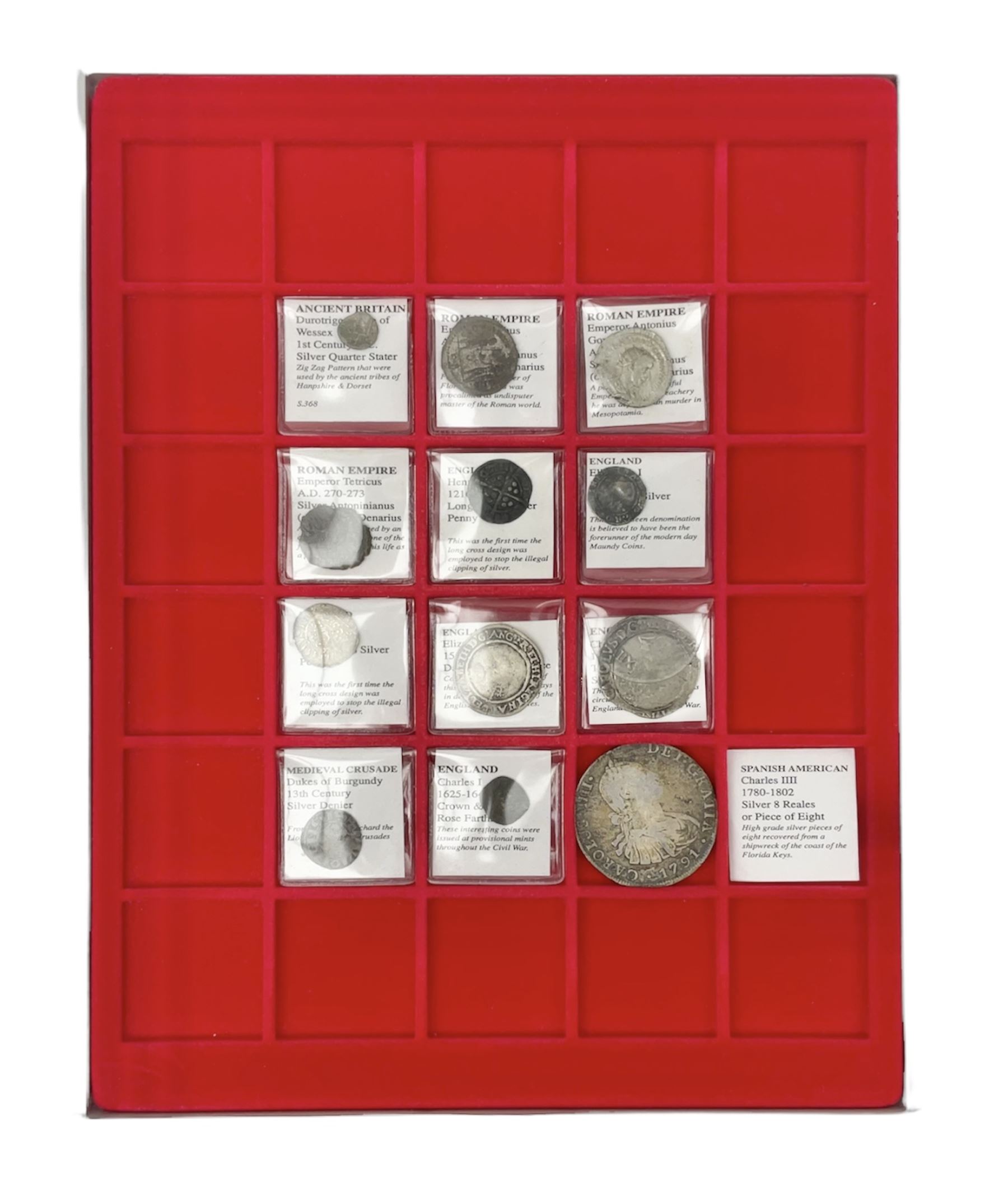 Ancient and later coinage, including Roman silver Denarius, Henry III 1216-1272 long-cross hammered silver penny, Elizabeth I 1568 hammered silver sixpence, Charles I 1625-1649 silver shilling etc, housed in a Lindner coin tray
