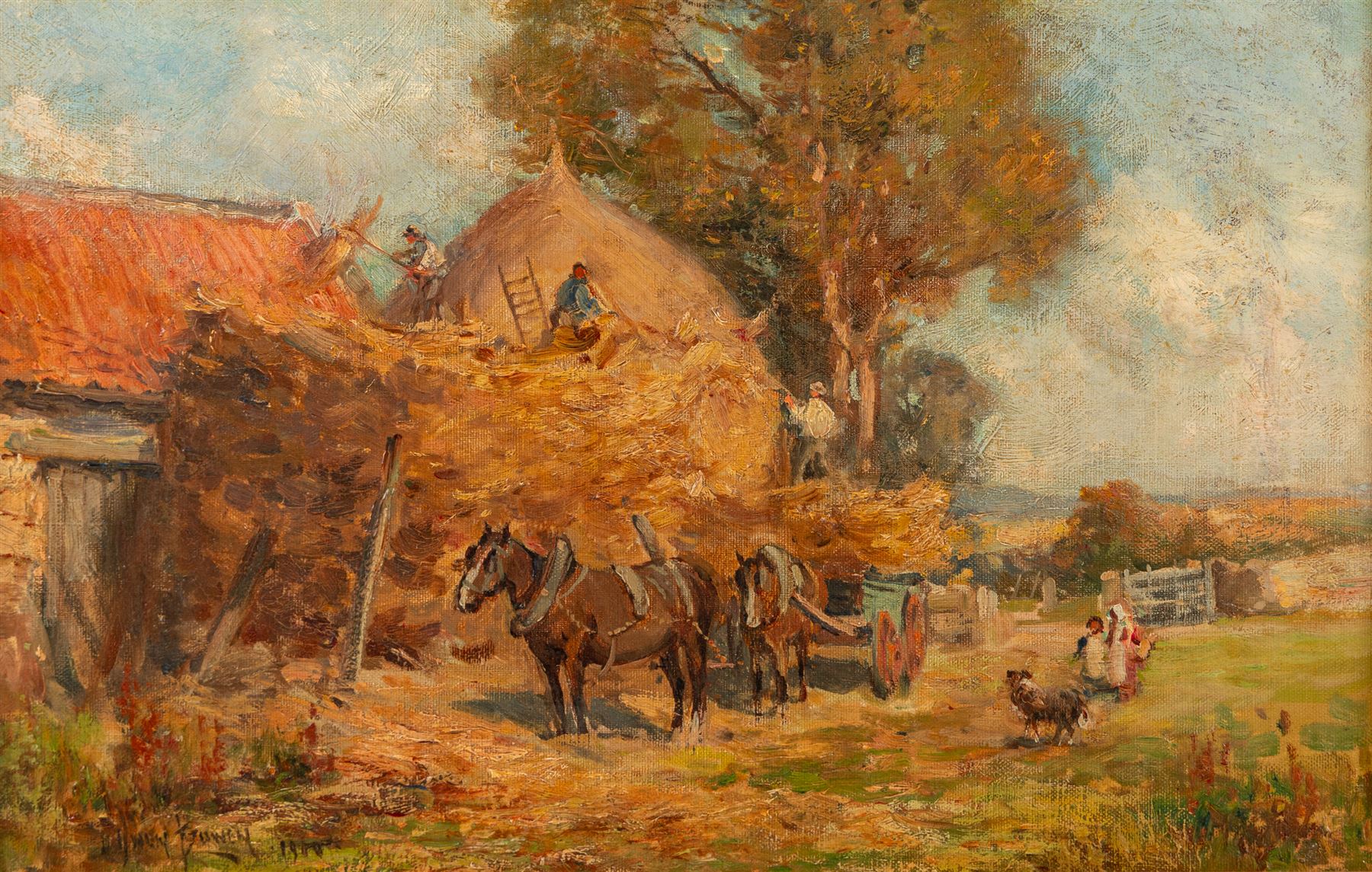 Owen Bowen (Staithes Group 1873-1967): Building a Hayrick, oil on canvas signed and dated 1900, 28cm x 45cm 
Provenance: private collection, purchased Tennants Auctioneers 22nd May 2021 Lot 226
