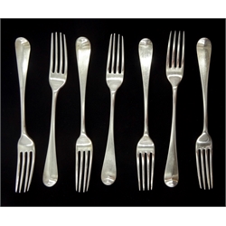 Five George III silver dinner forks, Old English pattern by Richard Crossley, London 1800 and two other similar forks London 1792 and 1817, approx 15.2oz (7)