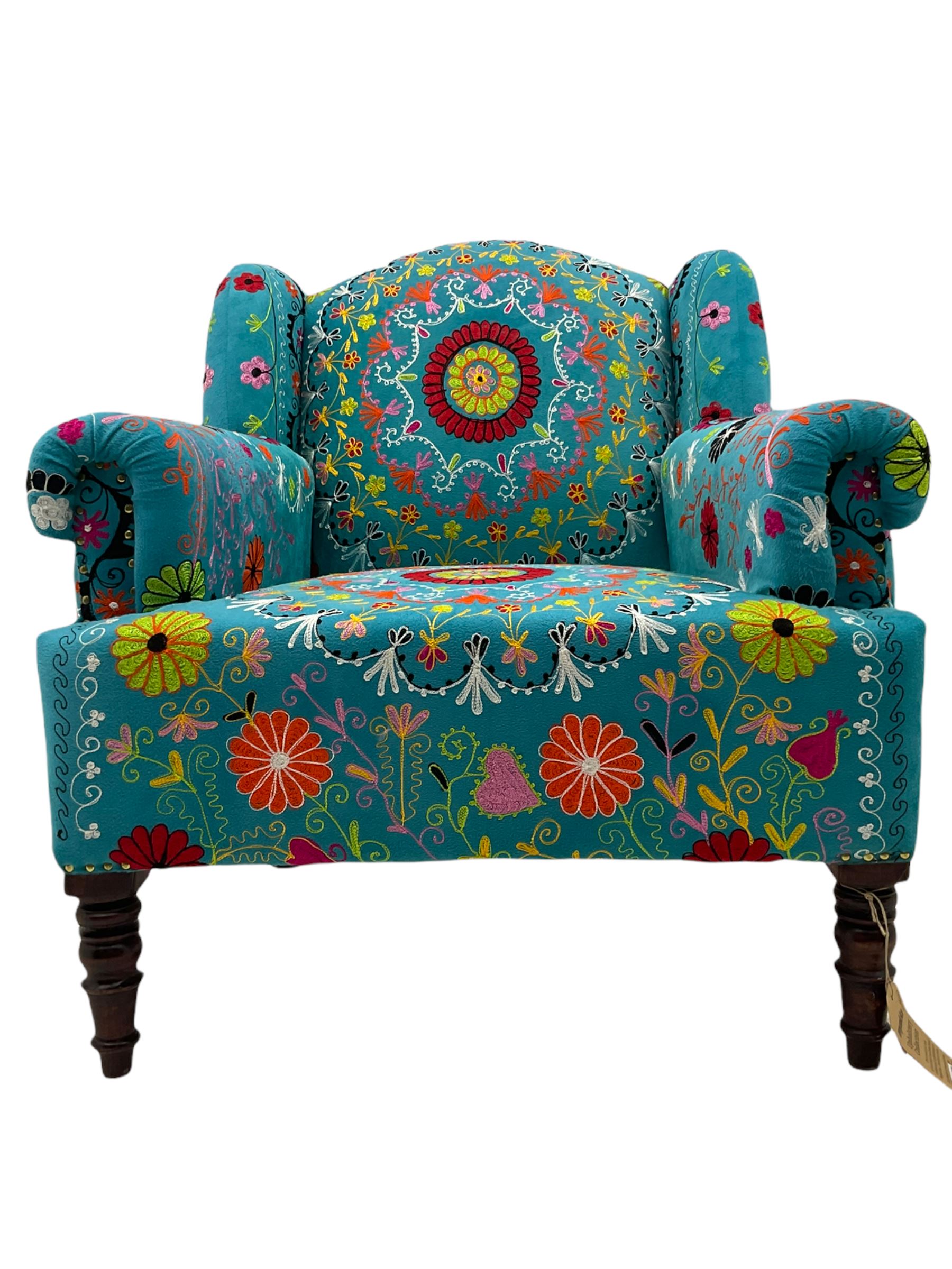 Myakka Victorian style club armchair, upholstered in crazy daisy turquoise fabric 