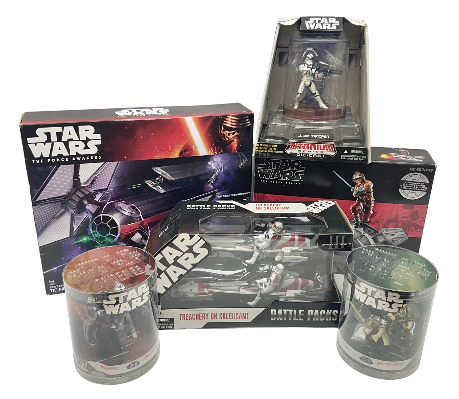Star Wars - The Force Awakens First Order Special Forces TIE Fighter; The Black Series Centrepiece of Luke Skywalker; Revenge of the Sith Battle Pack Treachery on Saleucami; Titanium Series Die-Cast Clone Trooper; and two other pairs of figures; all boxed (6)