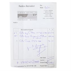 Early 19th century English cello by Samuel Gilkes of London, circa 1820, with two piece back and pine table finished in a golden brown varnish, with a certificate from D.R Hill & Son, Buckinghamshire from 2010, stating that in their opinion the maker is Samuel Gilkes, and is numbered H494 in their records, in Hiscox hard case, with two horse hair cello bows, the first an English example stamped Ferranda Millars Liverpool, the second a German example stamped R. Paesold, both with ebonised mother of pearl/abalone frogs and ivory tip plates
This item has been registered for sale under Section 10 of the APHA Ivory Act