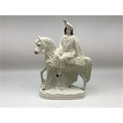 Staffordshire figures comprising one example modelled as a hunter on horseback with a stag draped  across the base of the neck, another as a gentleman and woman and a further clock design figure, all with flat backs (3)