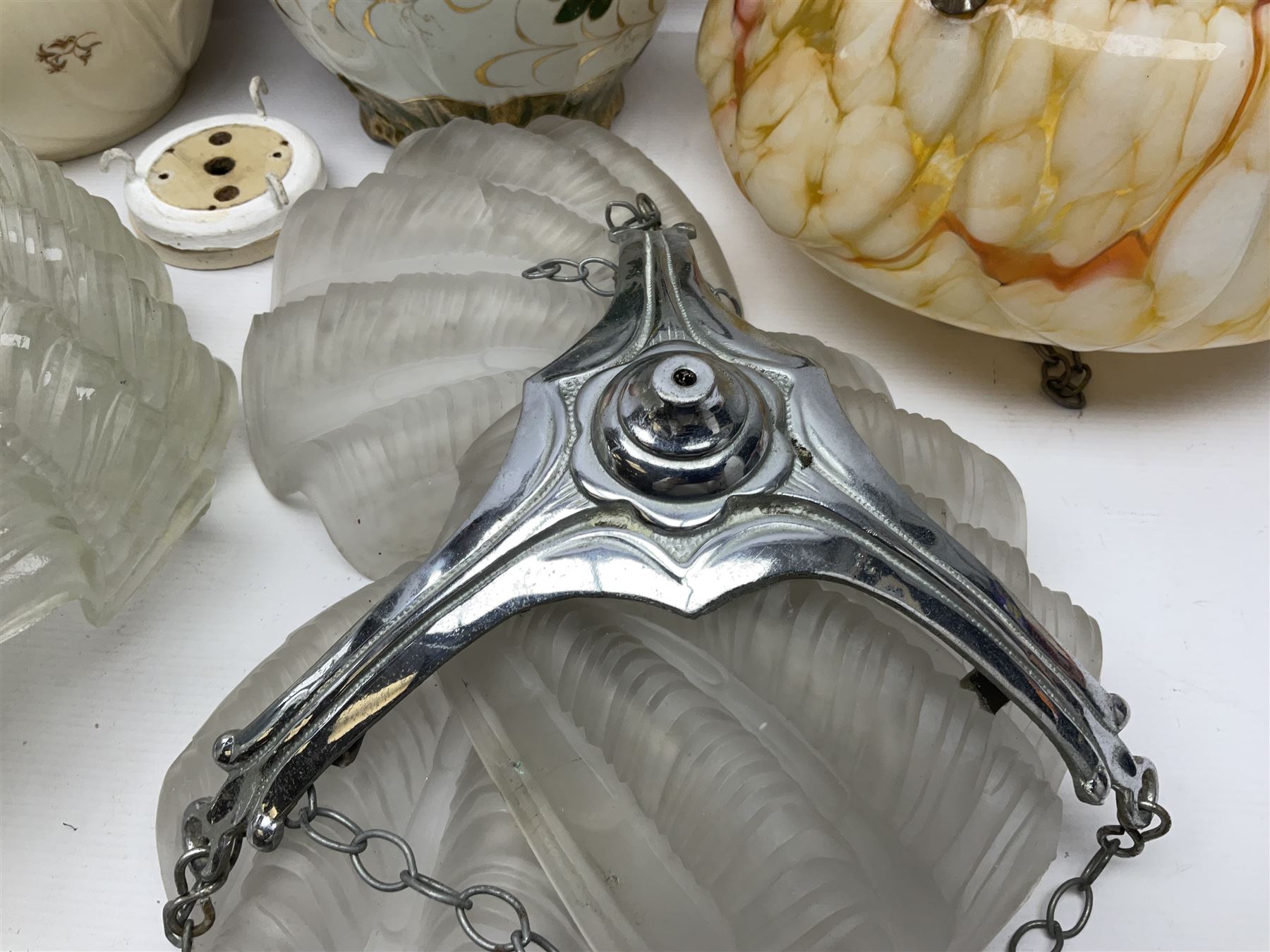 Two Art Deco mottled glass fly catcher ceiling light shades, together with two other 1930s moulded glass ceiling light shades and two Victorian style wash jugs, largest shade D33cm