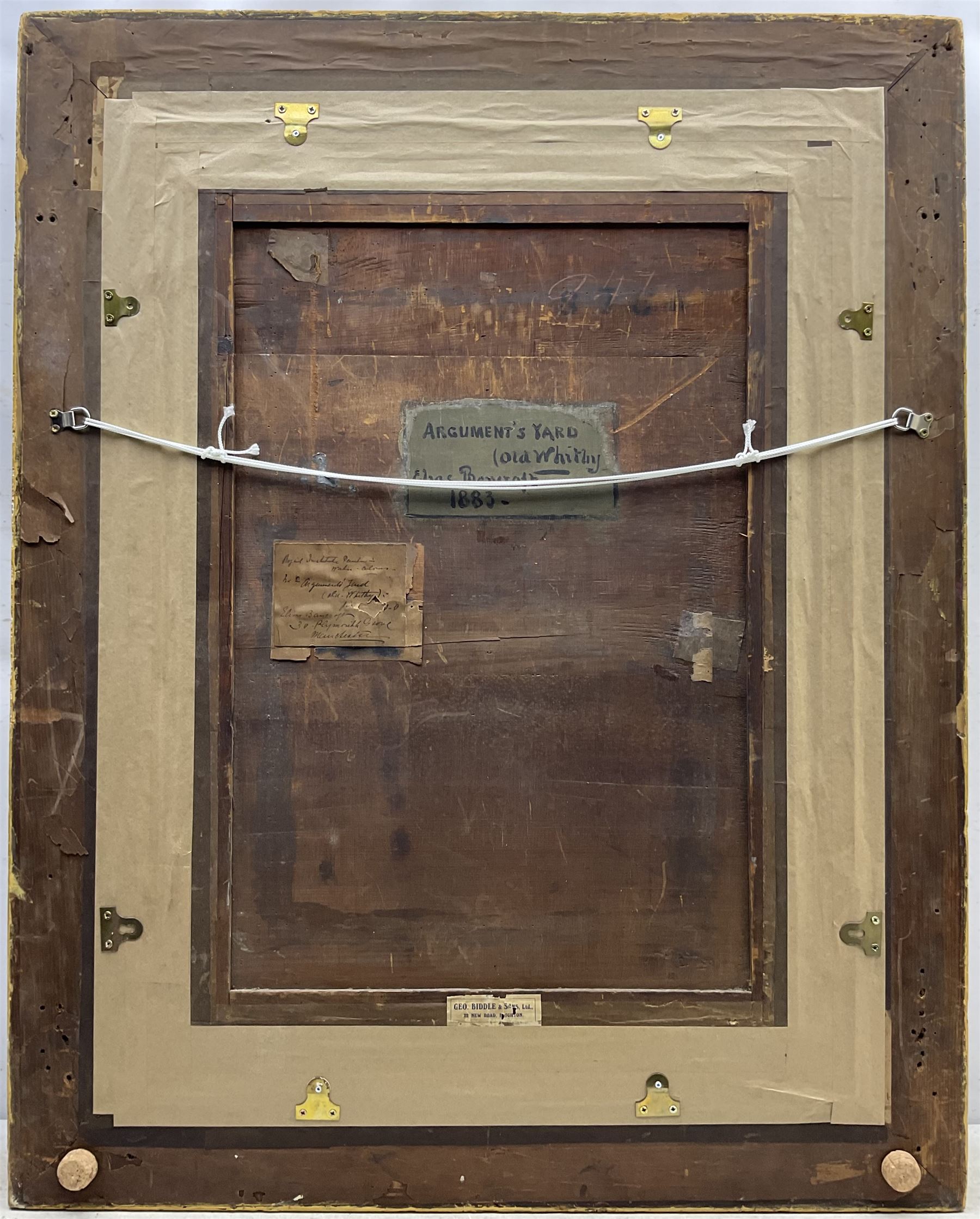 Elias Mollineaux Bancroft (British 1846-1924): 'Arguments Yard - Old Whitby', watercolour and gouache signed titled and dated 1883, further titled signed and dated with artist's address '30 Plymouth Grove Manchester' verso 76cm x 55cm