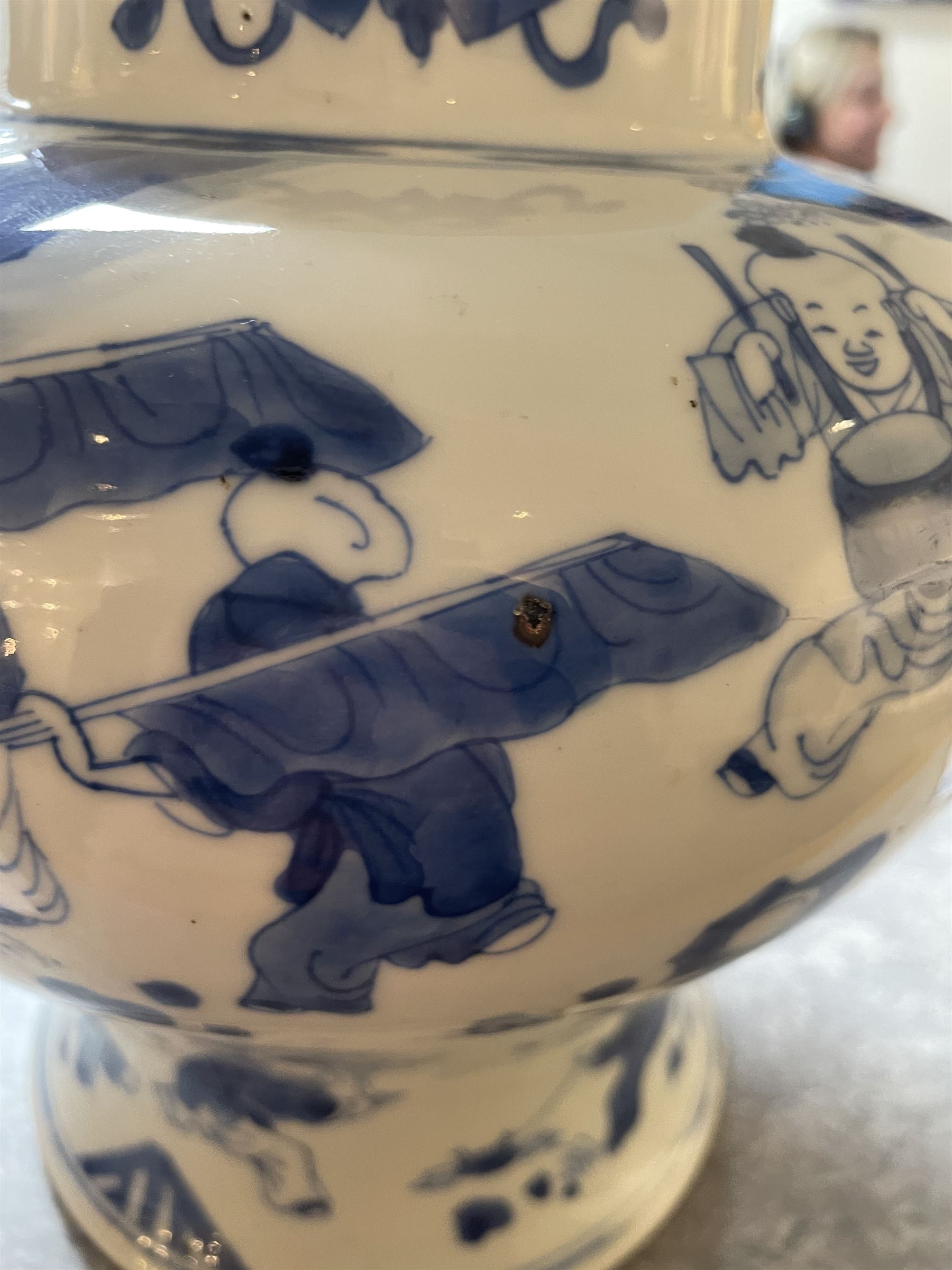 19th century Chinese blue and white jar, of pronounced baluster form, decorated in the Hundred Boys design, with numerous children at play, H23cm

The hundred boys design was a popular theme in Chinese Art employed from the Song period onwards. It expresses the desire to continue the family through male heirs and the performance of filial duties
