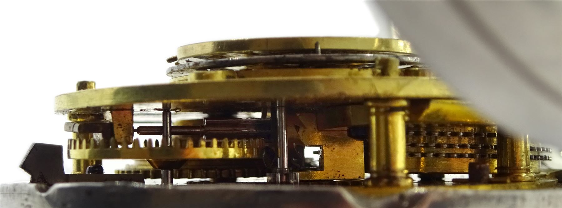 19th century silver full hunter verge fusee pocket watch by George Martin, London, No. 6756, round pillars, pierced and engraved balance cock decorated with a mask, white enamel dial with Roman numerals, case makers mark J A T, London 1830