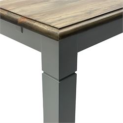 Pine kitchen dining table, rectangular moulded top on painted base, square tapering supports (180cm x 85cm, H78cm); and two matching benches 