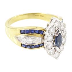 18ct gold sapphire and diamond cluster marquise shaped ring, single marquise cut sapphire, surrounded by ten round brilliant cut diamonds, each shoulder set with three round brilliant cut diamonds and ten calibre cut sapphires, hallmarked, total diamond weight approx 0.90 carat