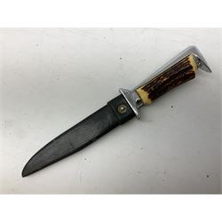 German ERN Wald-Solingen Art Deco style hunting knife with 13cm Bowie type blade and chrome fittings with antler grip; in leather sheath L24.5cm overall; and Bianchi Rastignano Aeronautica Militare combat knife with 15.5cm Bowie type saw-back blade and stacked leather grip (2)