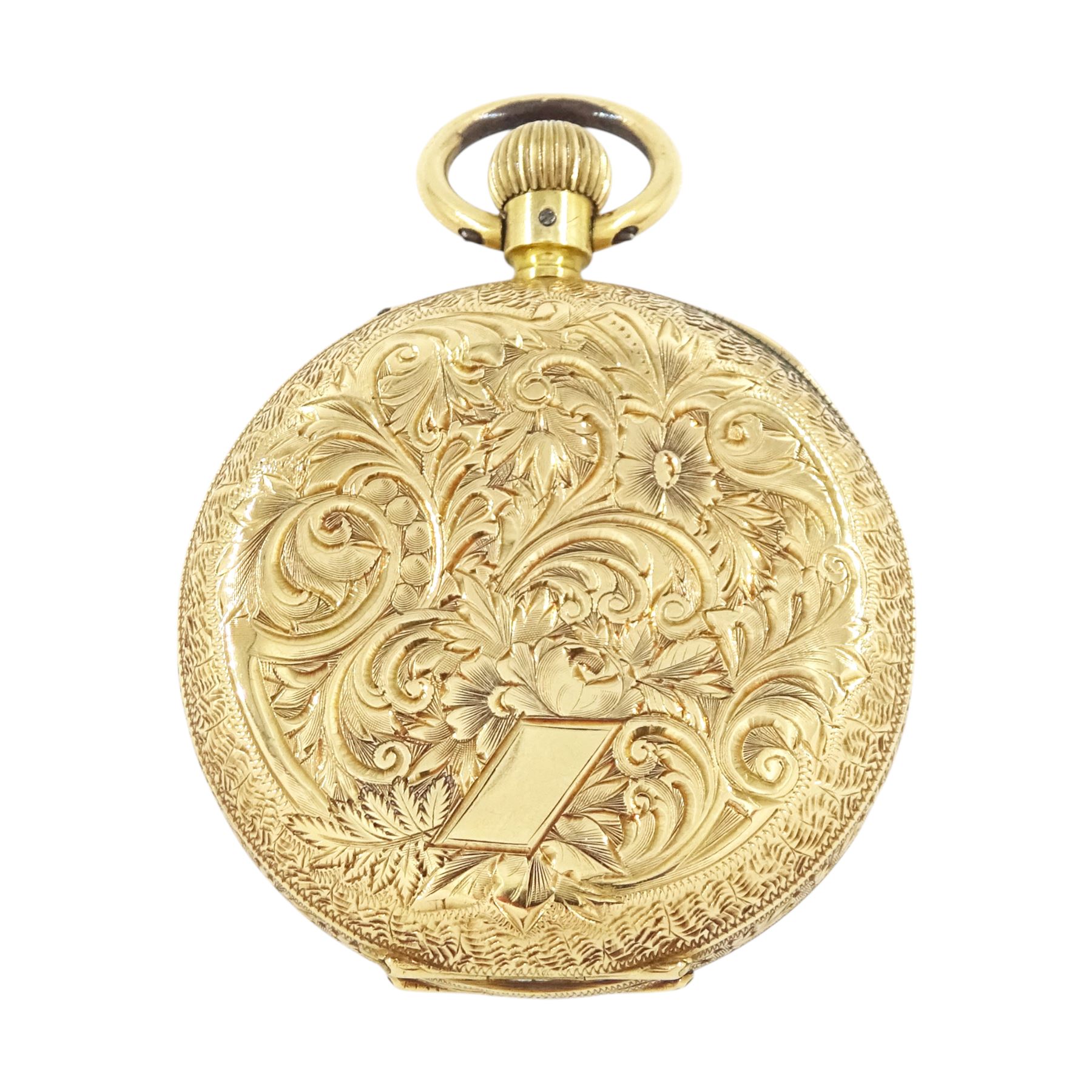 19th / early 20th century 18ct gold open face keyless lever pocket watch, white dial with Roman numeral hour markers, engraved foliate case with empty cartouche, Helvetia hallmark