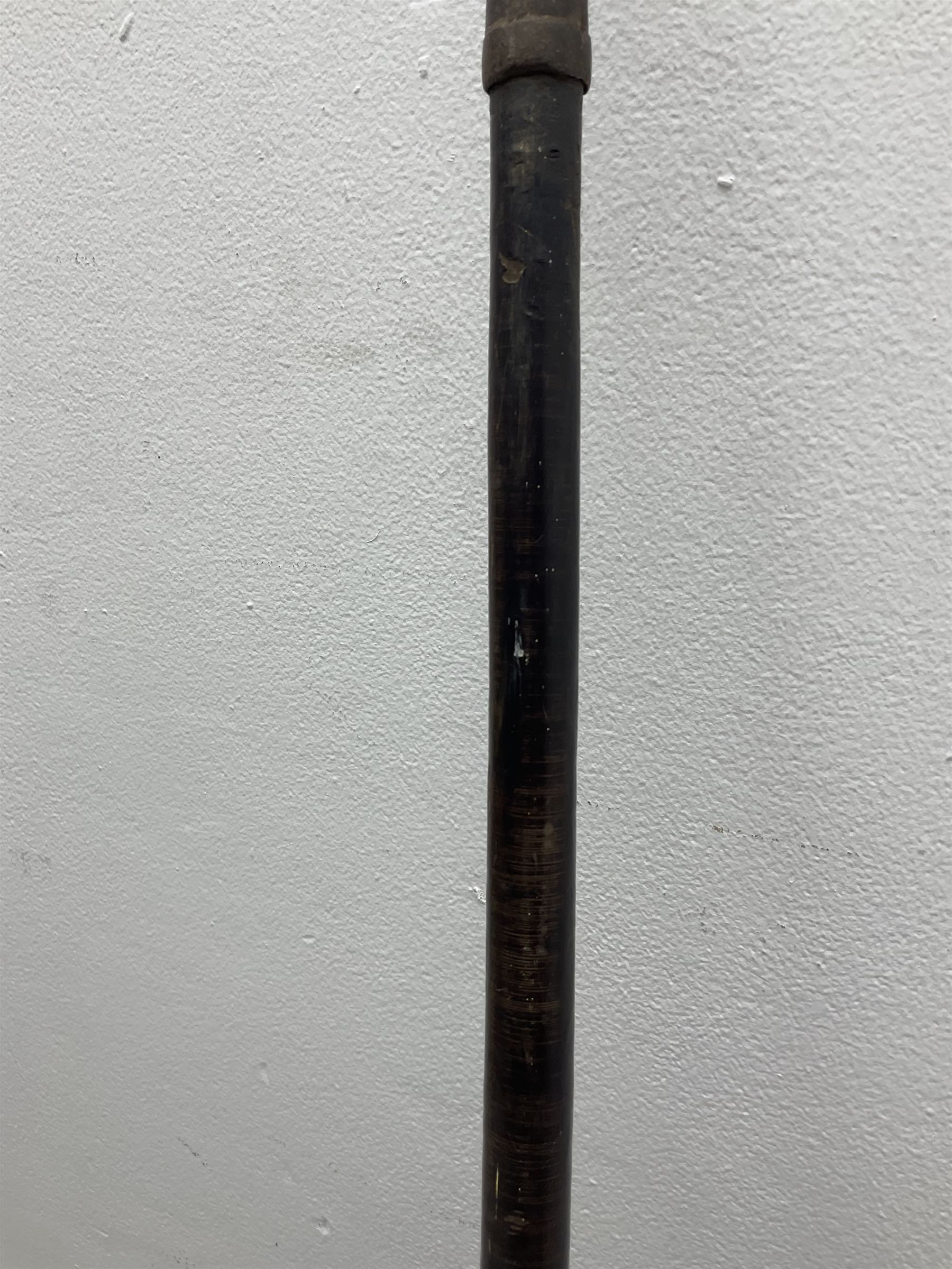 1970s British turtle style steel helmet with liner, green cover and netting; liner marked C.W.L. 1972 No.8415-99-973-6750; size 6 3/4 - 6 7/8; WWII respirator dated 1941 in canvas carrying case; and a Native long-shafted spear with iron head and bound plain round haft L165cm (3)