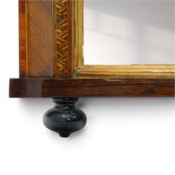 Victorian Tunbridge ware rectangular wall mirror, the moulded frame with rounded upper corners, veneered in figured walnut with geometric mosaic banding, enclosing a plain rectangular mirror plate, on projecting lower rail