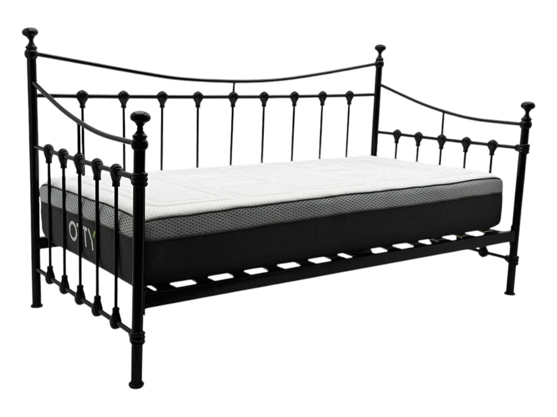 Contemporary Victorian revival black metal day bed, featuring arched back and sides with turned finials and spindle rails, complete with single 'OTTO' mattress
