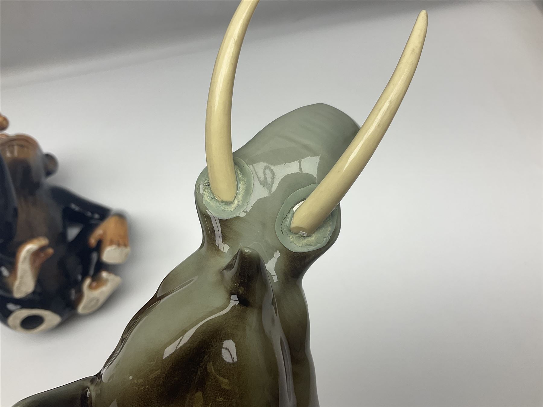 Large Sylvac monkey together with three smaller monkeys, together with Beswick Pigeon no 1383, Melba Ware hippo and baby and Royal Dux elephant 