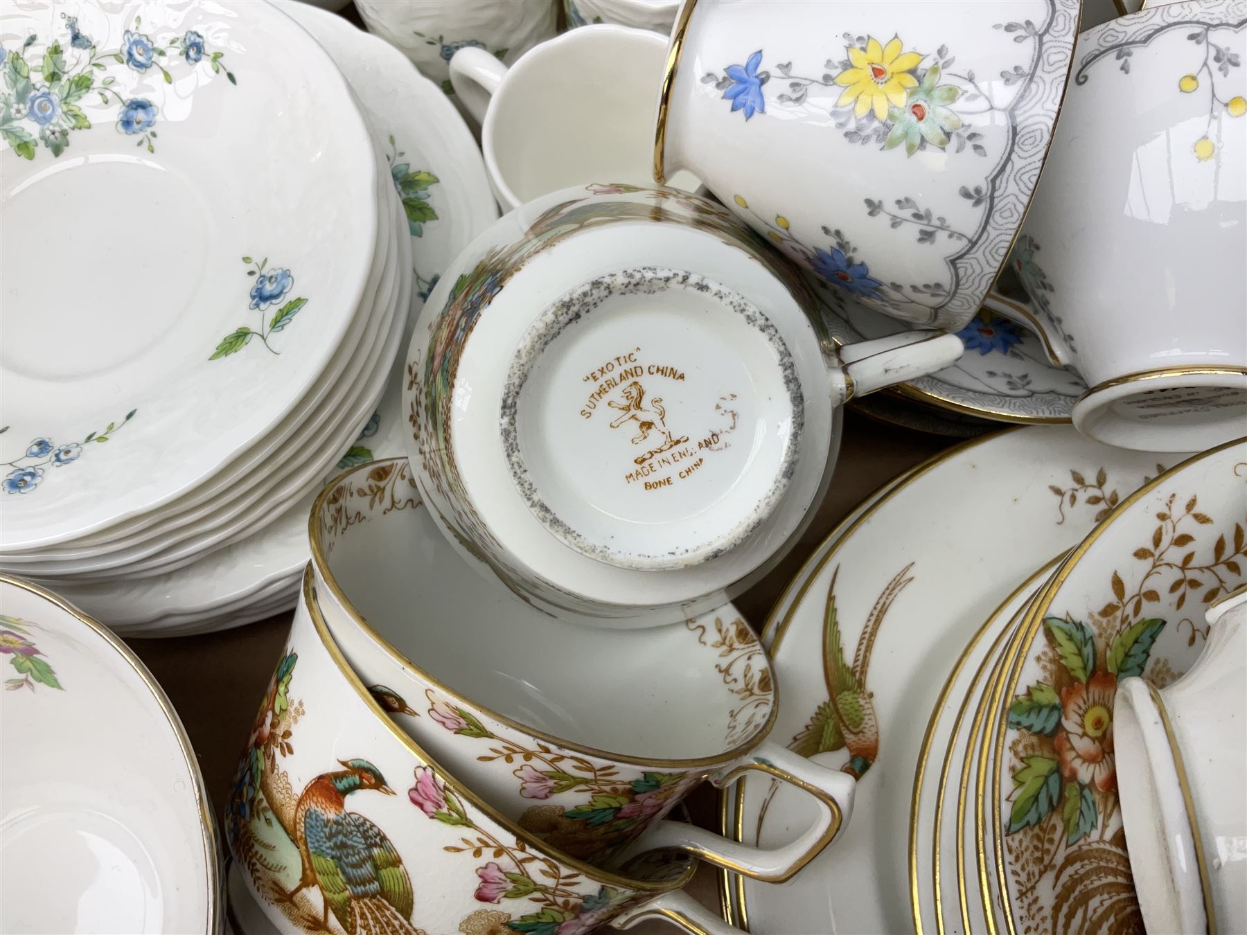 Coalport 'Tintern' pattern coffee service for six, Royal Stafford 'Rochester' teawares, Sutherland China 'Exotic' teawares, Royal Doulton 'Pastorale' cake plate, teacups and saucers etc