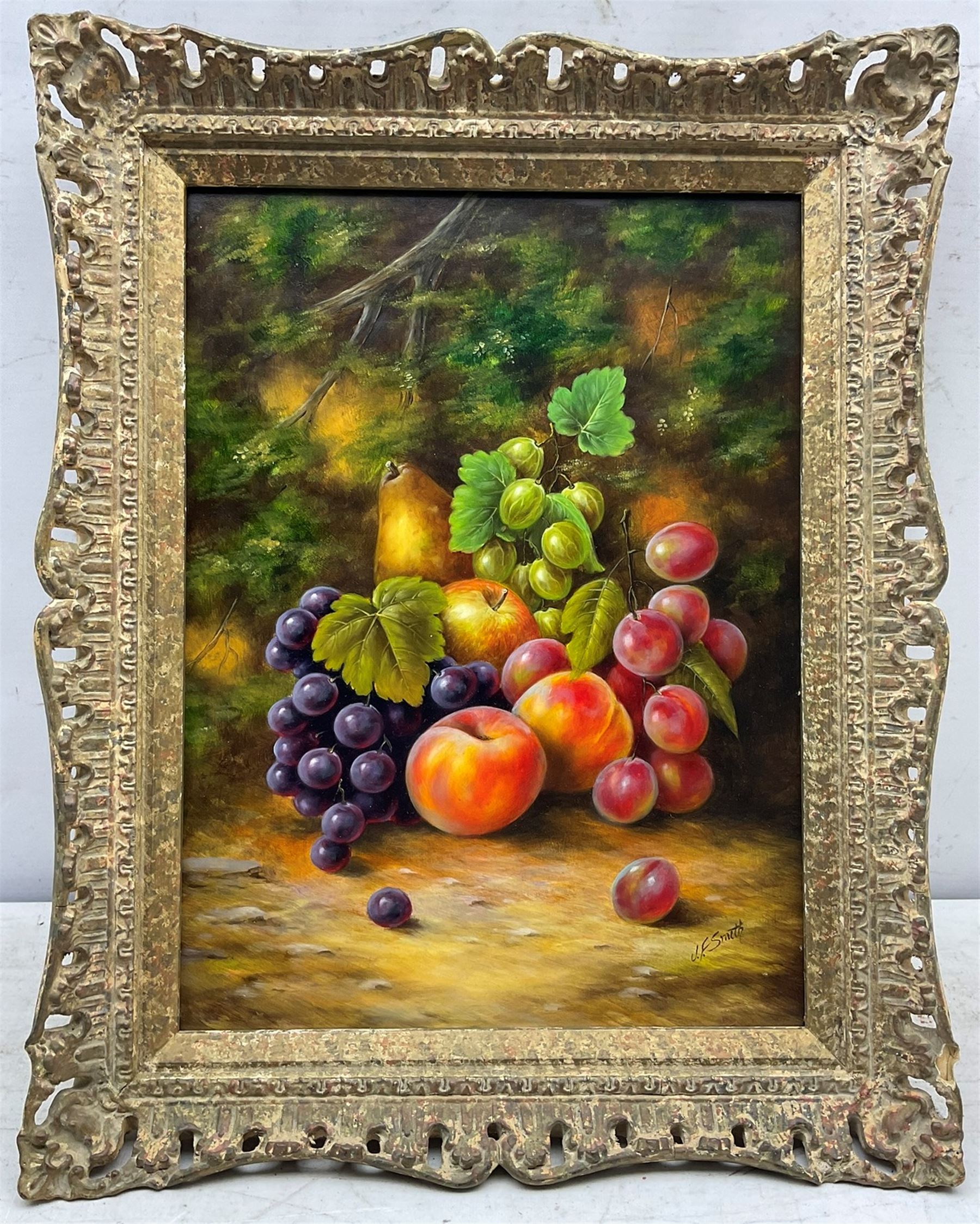 John F Smith (British 1934-): Still Life with Grapes and Peaches, oil on board signed 39cm x 29cm