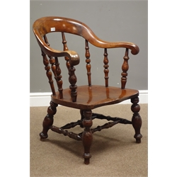  19th century elm and beech horseshoe back berger armchair, turned supports, dished seat, double 'H' stretcher base, the back seat stamped 'A H', W64cm  