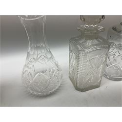 Group of clear glass decanters, to include a Stuart example etched with pheasants, one decanter with ceramic wine label titled 'Scotch', and a cut glass carafe, in one box 