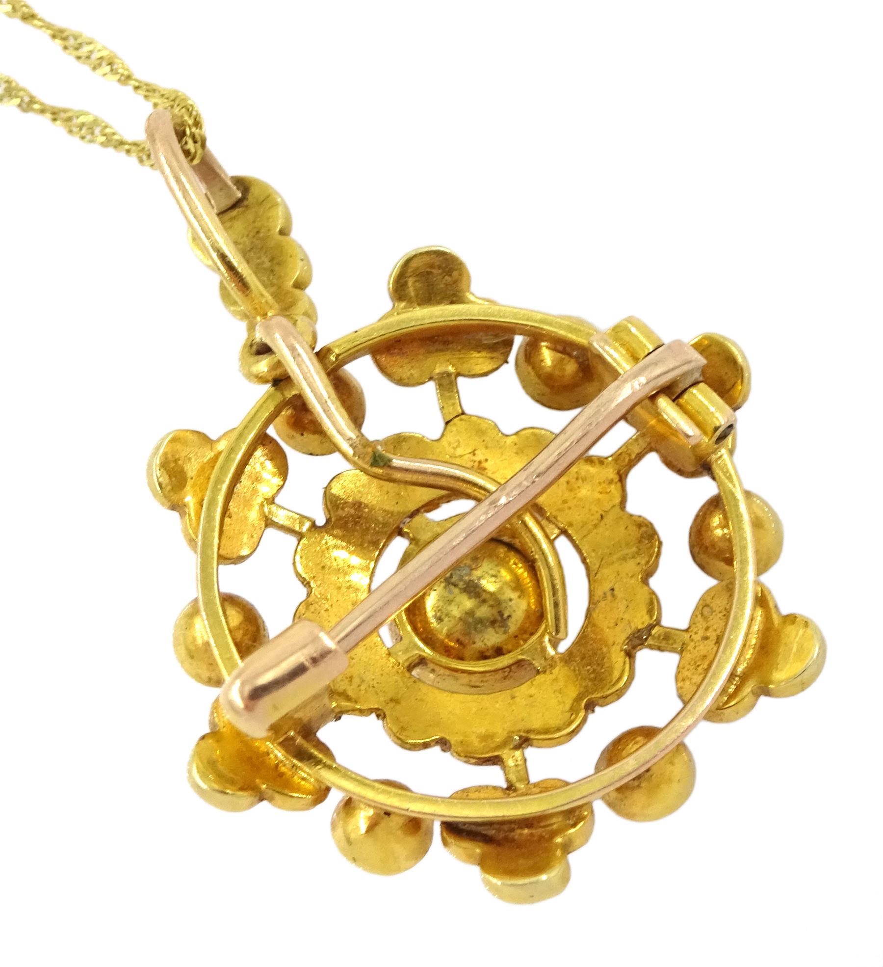 Early 20th century 15ct gold split pearl star pendant and a 15ct gold turquoise and split pearl pedant / brooch, with detachable bail, on later 9ct gold chain
