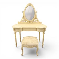 French Louis XV design cream painted dressing table and matching stool, kidney shaped top,...