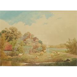 Albert Edward Bowers (British fl.1875-1893): Sheep Grazing by a Country House, watercolour signed 27cm x 37cm
