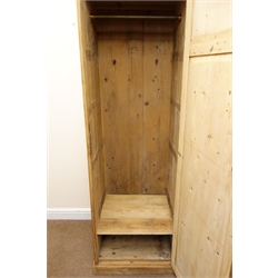  Traditional waxed pine cupboard wardrobe, moulded top, single panelled door, plinth base, W65cm, H192cm, D57cm  