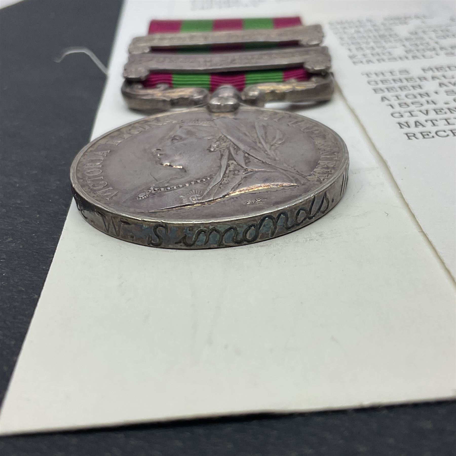Victoria India Medal with Tirah 1897-98 and Punjab Frontier 1897-98 clasps awarded to 367H Pte. W. Simonds 1/Duke of Cornwall's Light Infantry; with ribbon