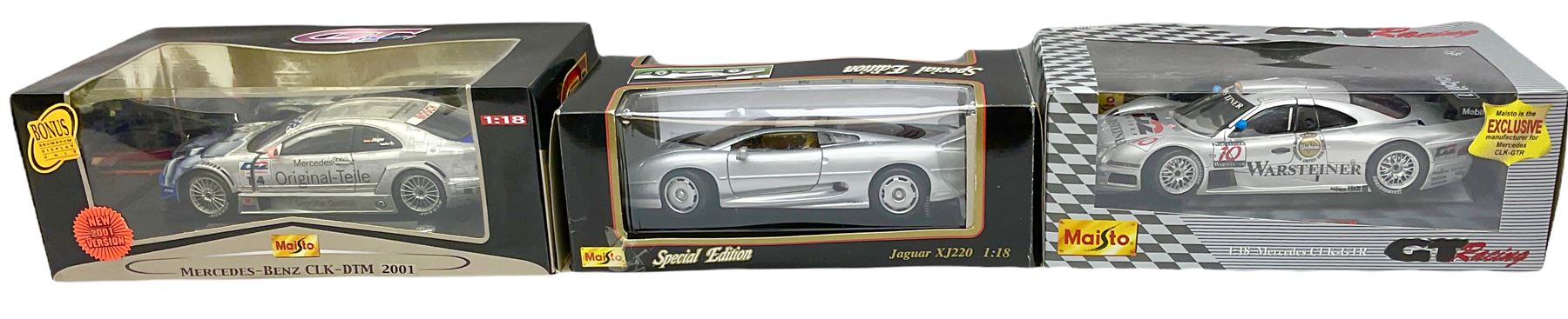 Three Maisto 1:18th scale die-cast models - Special Edition Jaguar XJ220 (1992); GT Racing Mercedes CLK-GTR; and GT Racing Mercedes-Benz CLK-DTM; all boxed (3)