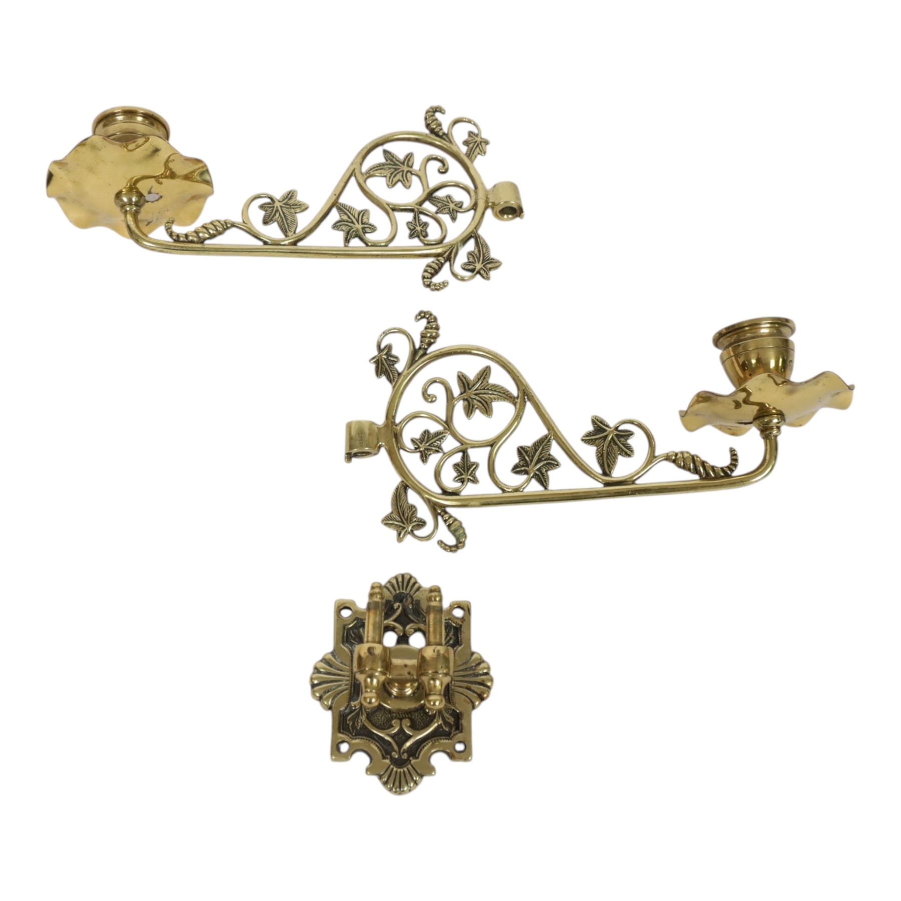 Victorian brass candlestick wall sconce, together with pair of brass wall lights and one other 