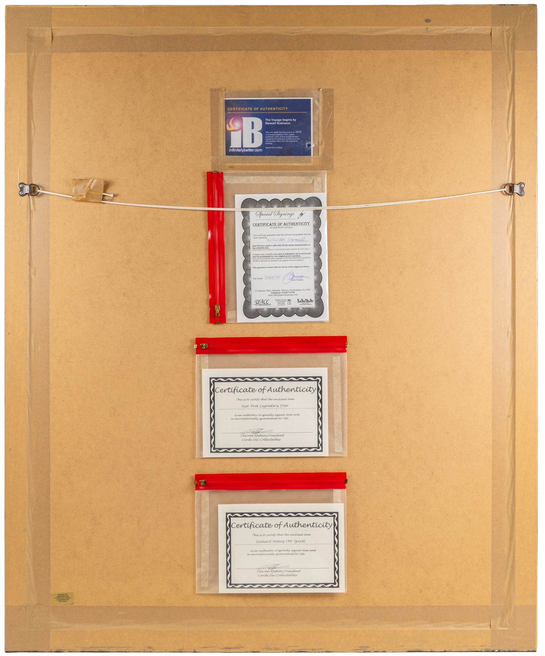 Limited edition Star Wars print 'The Voyage Begins' by Stewart Robinson numbered 516/1701, framed above three signed photographs of William Shatner as Captain James T. Kirk, Leonard Nimoy as Mr Spock and The Star Trek Legendary Four, all with certificates of authenticity verso, frame H109cm, W90cm
