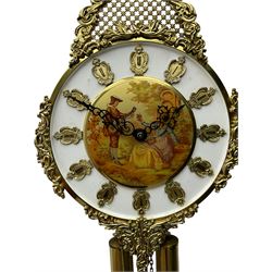 20th century chain driven striking wall clock, striking the hours on three gong rods, with a circular dial with cartouche numerals and decorative centre depicting a romantic couple in 18th century costume, with pendulum and two brass cased weights.