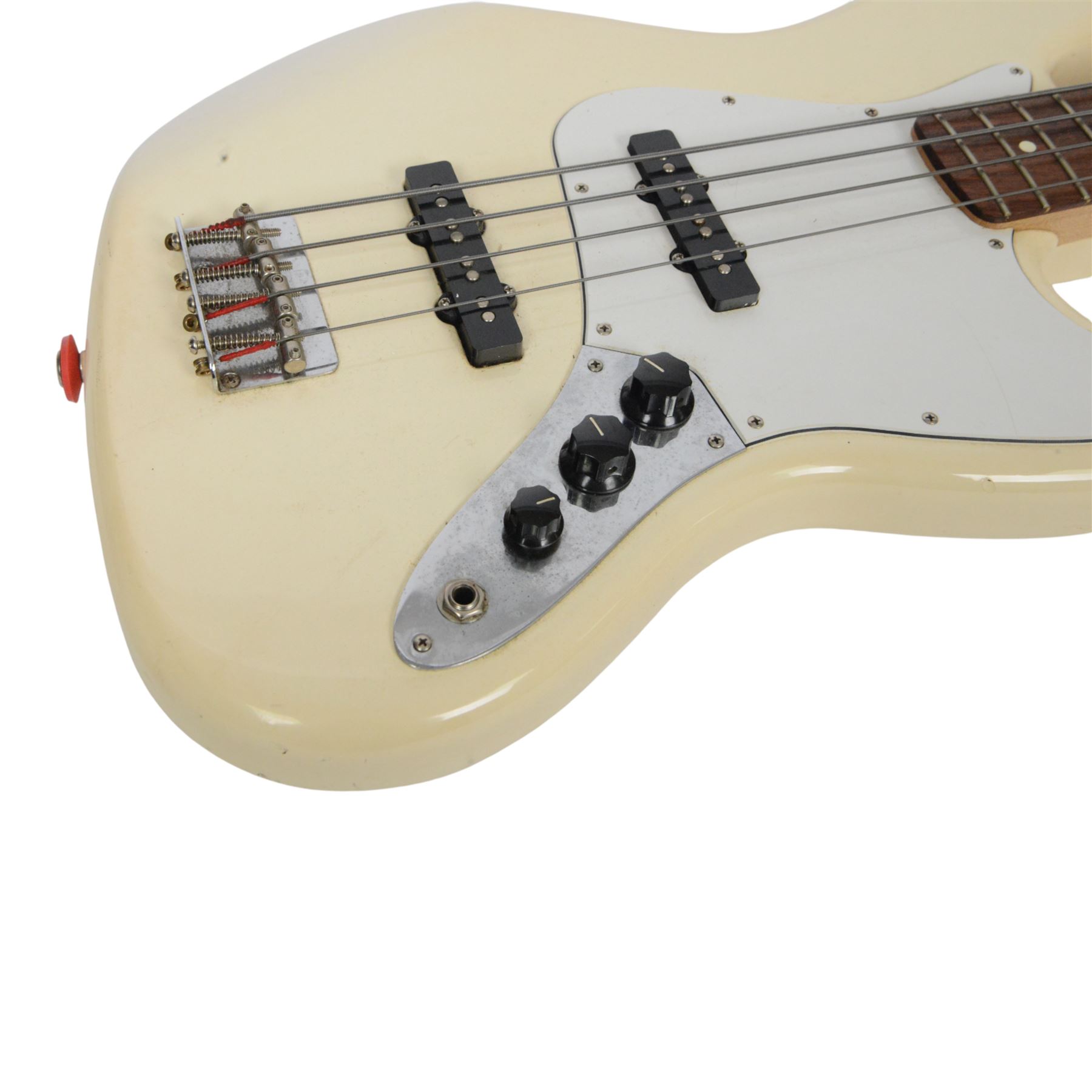 Fender jazz bass guitar, serial no. MZ7182451 made in Mexico c.2007, with cream body, white scratch plate, maple neck, guitar L120cm