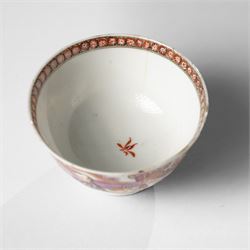 Two pairs of 18th/19th century Chinese export tea bowls and saucers, the first decorated in the 'Mandarin Palette' in typical colourways, the other famille rose examples painted with figures near a window, all unmarked (4)