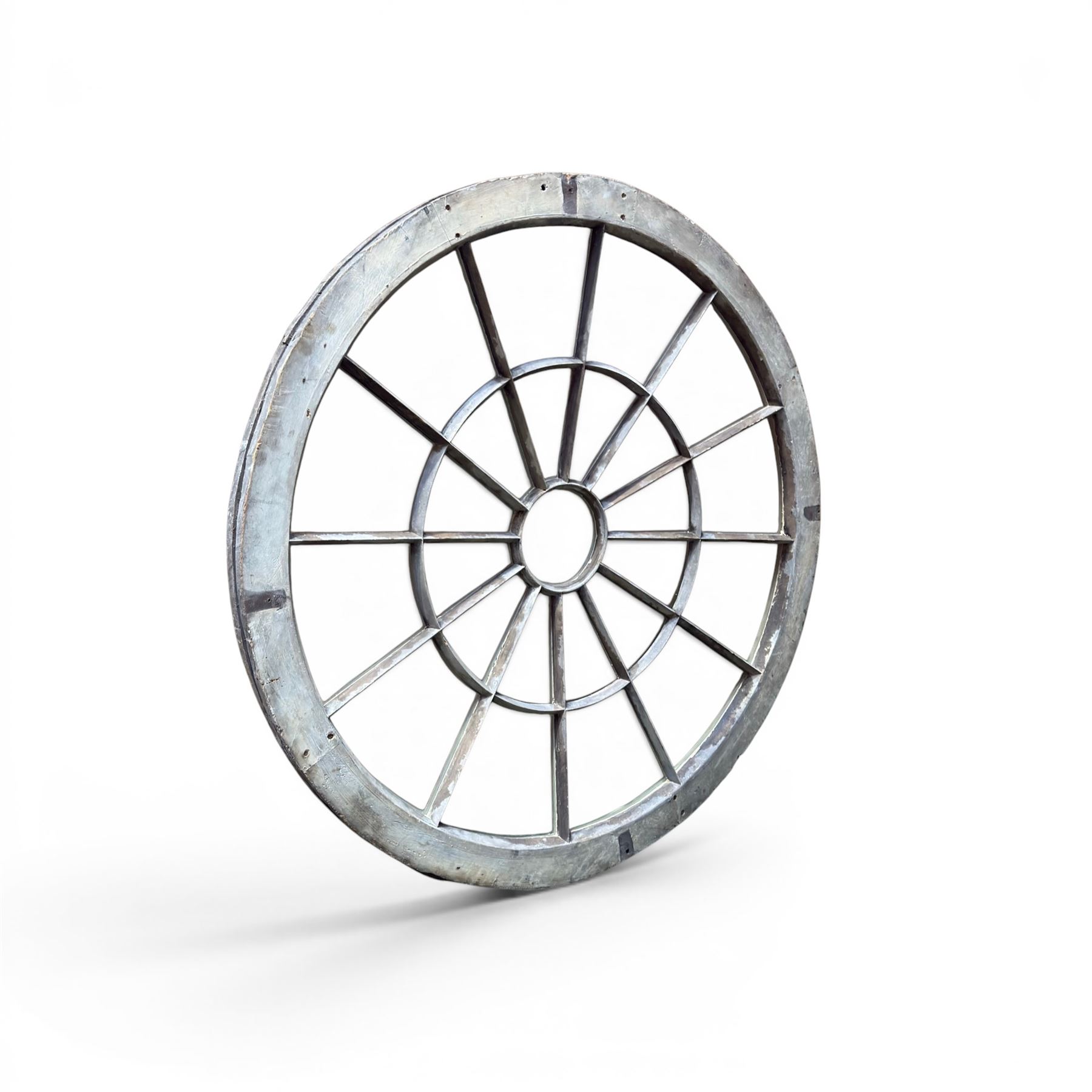 18th century pine circular window or ceiling lantern, astragal glazed segmented sunburst design