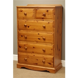  Polished pine chest, two short and four long drawers, W75cm, H117cm, D40cm  