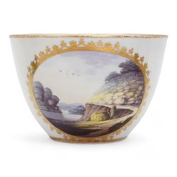 Set of four Pinxton porcelain bute shaped teacups and saucers, circa 1796-1813, pattern no. 58, painted in polychrome with circular landscape panels within gilt husks and sprigs, all saucers numbered 58 beneath, saucer D14cm, teacup H6cm (8)