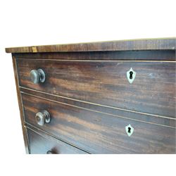 George III mahogany bow-front chest, crossbanded top with satinwood stringing, fitted with four graduating cock-beaded drawers, each with bone shield shaped escutcheons and turned handles, shaped apron flanked by splayed feet