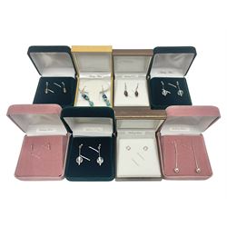 Eight pairs of silver and silver stone set earrings, all boxed