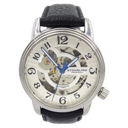 Stuhrling automatic gentleman's stainless steel wristwatch, with skeleton back, on black leather strap