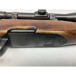 30-06 Steyr-Mannlicher Model M bolt-action rifle, the 61cm hammer forged barrel with side safety, double set trigger and lift-out rotary magazine, walnut stock with chequered pistol grip and fore-end and additional soft leather cheek piece, Pecar Berlin Champion 8 x 45 telescopic sight with quick release mounts, serial no.204791 L111cm FIREARMS CERTIFICATE REQUIRED OR RFD