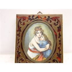  Portrait of Woman and Child, 19th century oval miniature signed painted on ivory in red Boulle frame overall 12.5cm x 10.5cm  