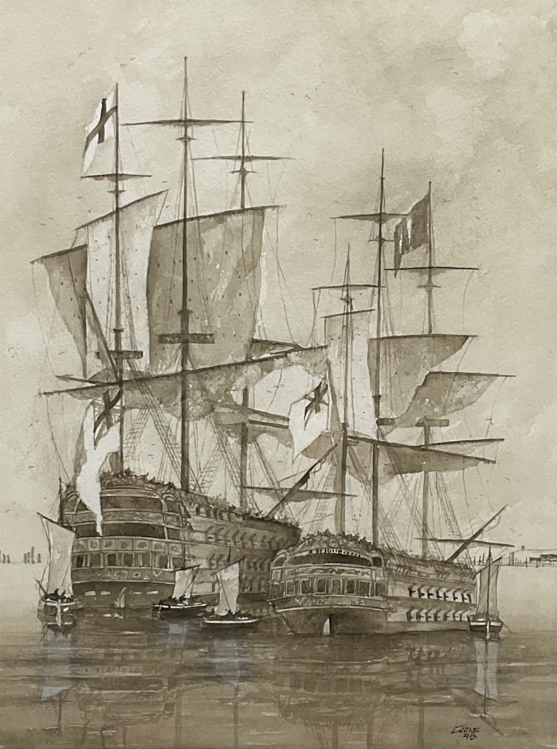 Ron Cooke (British 20th century): English Men o War at Anchor, sepia watercolour signed and dated '98, 44cm x 34cm